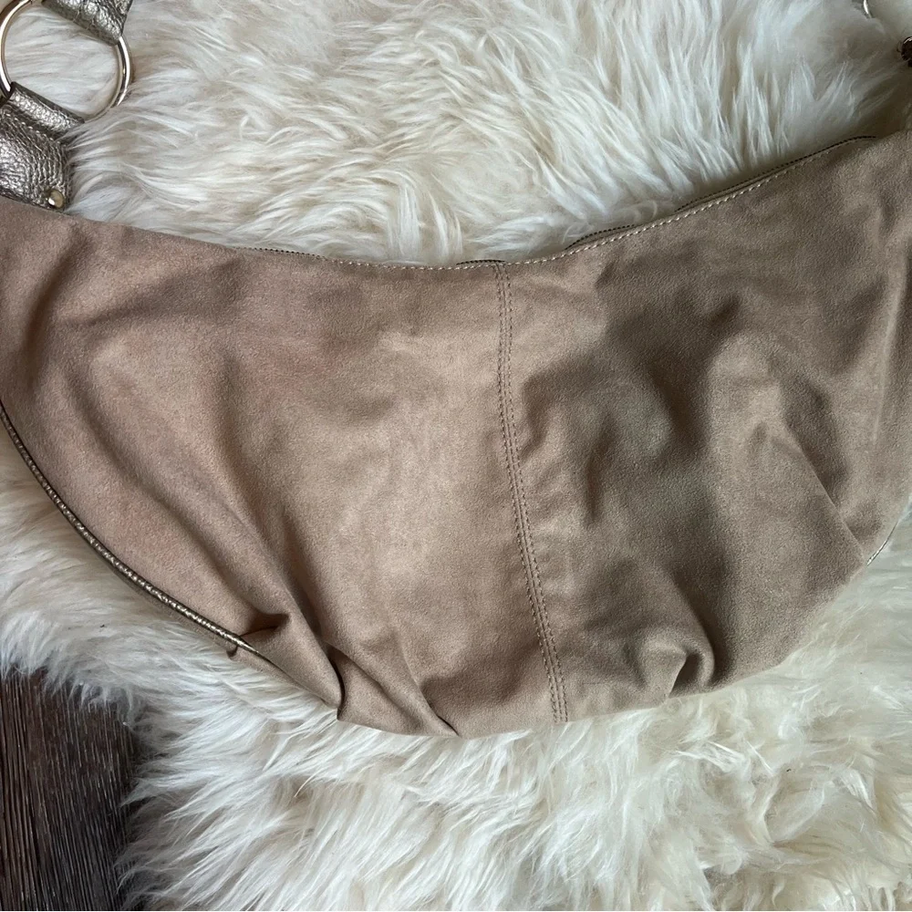 Vintage Hobo Sling Microsuede tan bag handbag bag charms flare studs embellished
